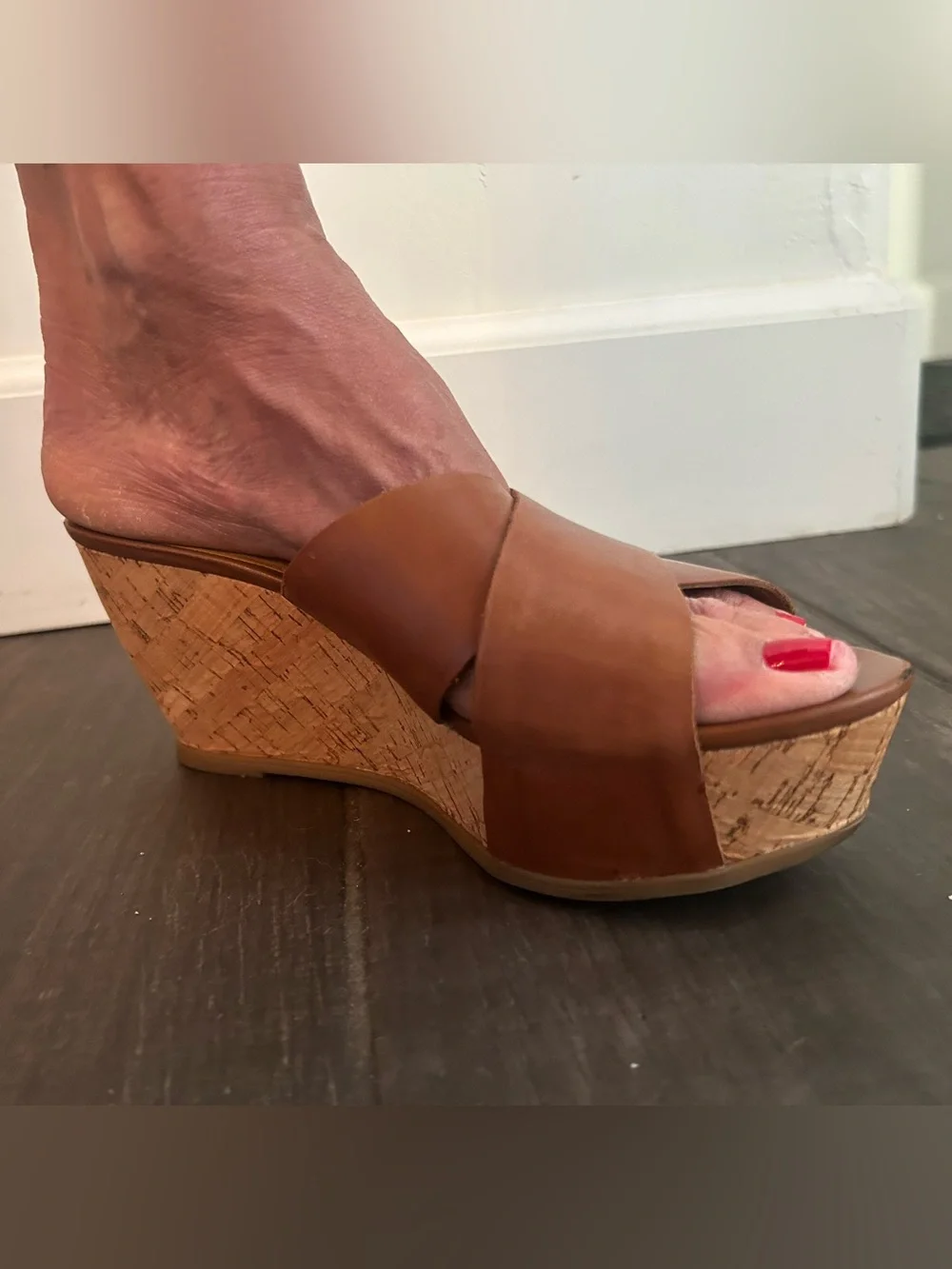 Franco Sarto Brown Leather Cork Wedge Sandals